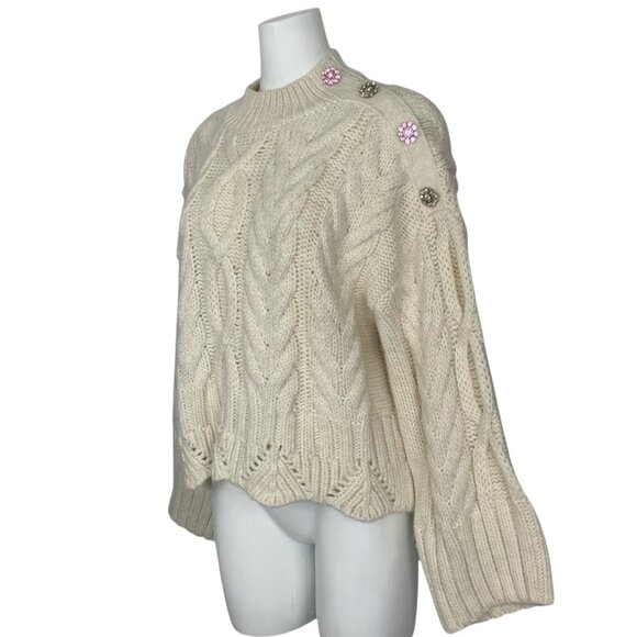 Zara Cable Knit Rhinestone Sweater M Ecru Mock Neck Oversized - Picture 3 of 14